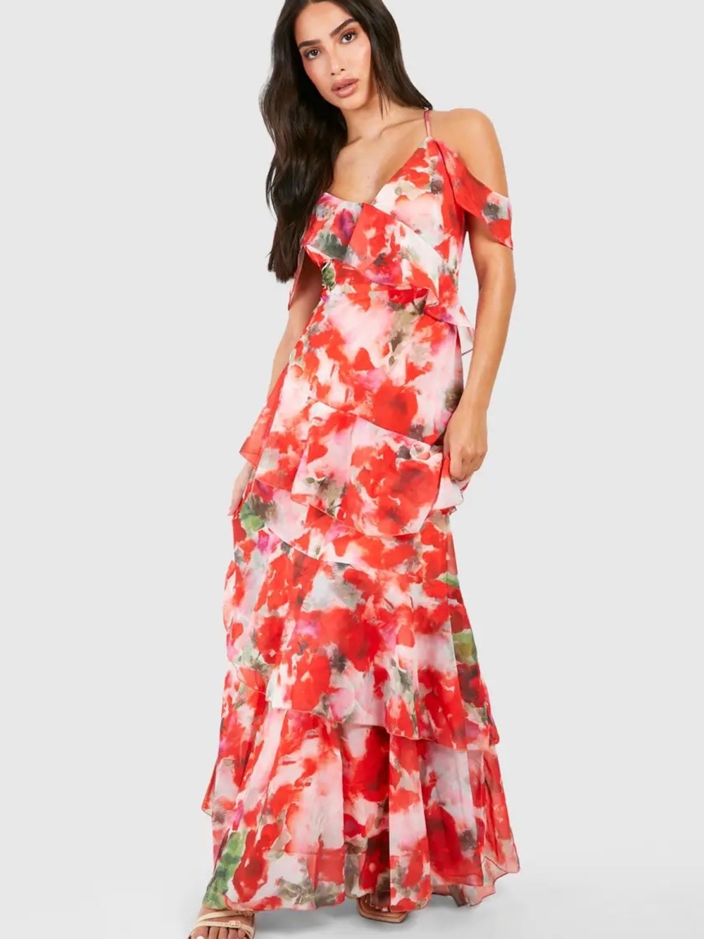 Boohoo Red Floral Cold-Shoulder Ruffle Maxi Dress